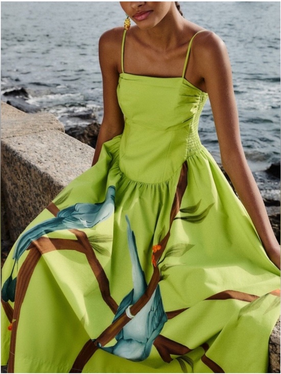 FARM Rio Dresses & Skirts - FARM Rio Lime Green Spaghetti Strap Maxi Dress with Blue Bird Print L NWT